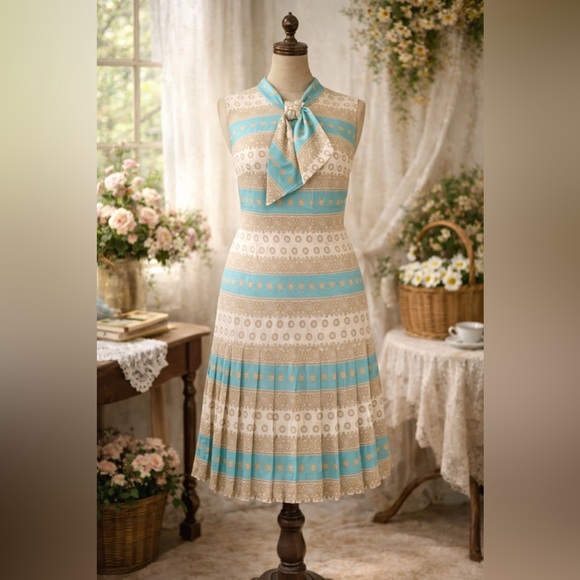 Dresses | Vintage 196s Beige Cream Bright Blue Tie Front Drop Waist ...